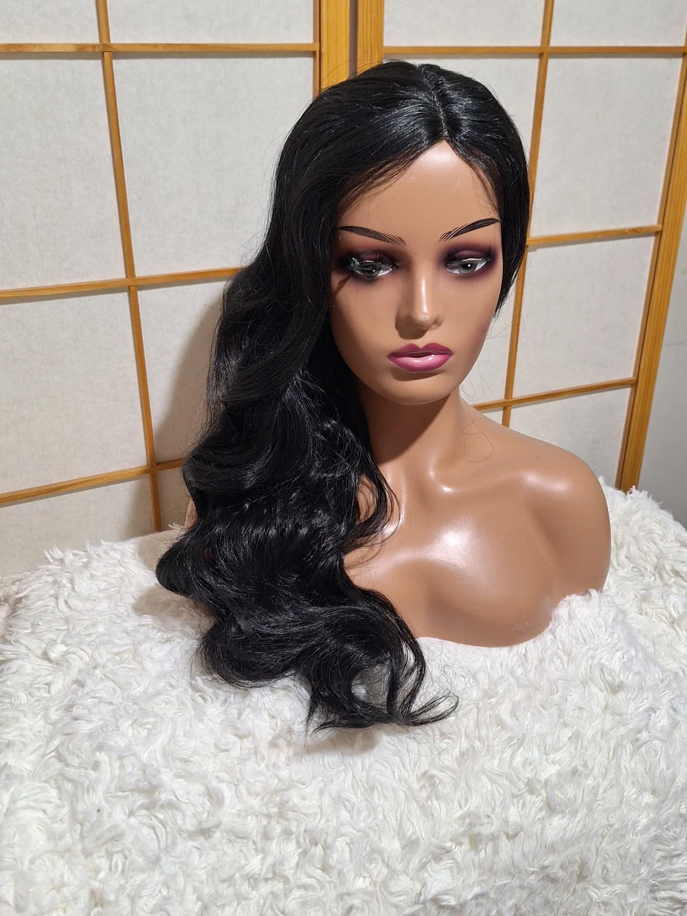 Black Side-Swept Wavy Human Hair Blend Wig for Women